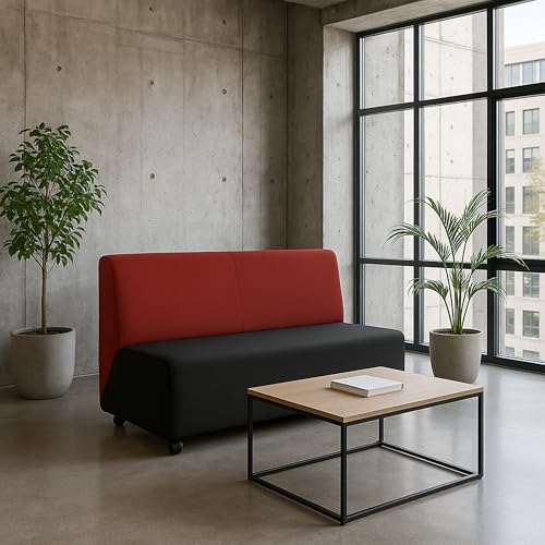 Image of FDP Pro Series Upholstered Armless Mobile Sofa with Tech Outlet, USB Charging and Locking Casters for Portability Commercial Seating for Hotel Lobby, Office, Restaurant, Waiting Room - Black /Crimson