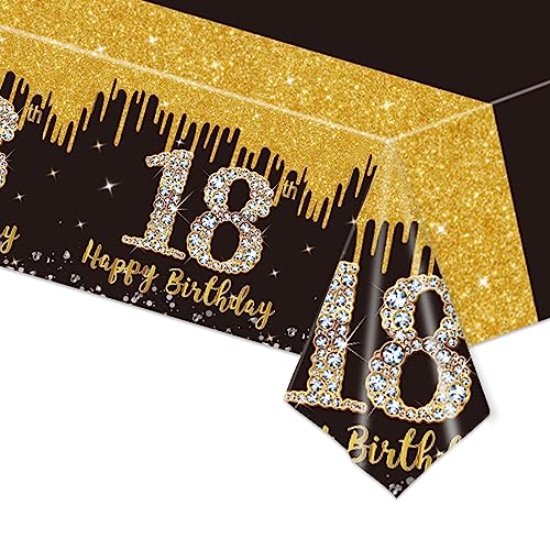 POPOYU Plastique Nappe Anniversaire 18 ans,137x274cm Nappe Fête Noir Or Decoration Joyeux Anniversaire,Jetables Nappe Décorées de Fête pour Intérieur...