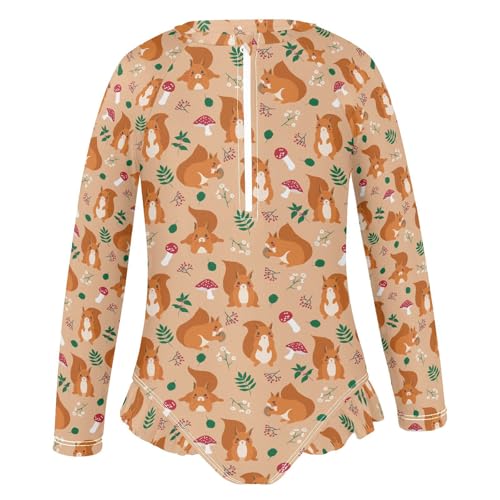 Girls One Piece Swimsuits Long Sleeve Bathing Suits Squirrel Animal Sun Protection Swimwear 3-12 Years4