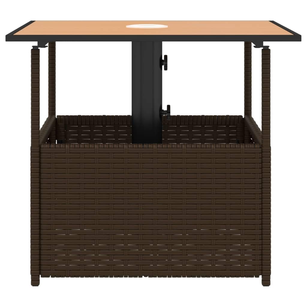 Tavolo da giardino con foro per ombrellone, marrone, 55 x 55 x 46,5 cm, in polyrattan, resistente ai raggi UV, telaio in acciaio verniciato a polvere, piano in legno di acacia, salvaspazio