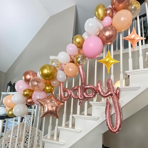 Image of Pink White Balloon Arch Kit, Pink Gold Garland with Rose Gold Star Balloons | for Birthday Baby Shower Bridal Shower Wedding Engagement Anniversary Princess Party Backdrop Decor