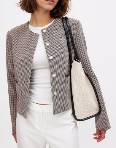 Kedera Women's Houndstooth Tweed Jacket Long Sleeve Work Suit Jackets Business Casual Cropped Blazers Short Coat4