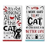 Croar Funny Black Cat Quotes Kitchen Dish Towels Set of 2, Inspirational Paw Print Drinking Drying Hand Towel Baking Cooking Cloth, Humorous Bathroom Home Decoration Cat Owner Lover Gift 18'' x 26''