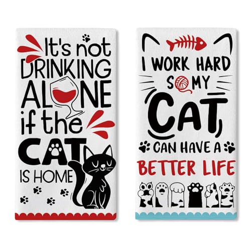 Croar Funny Black Cat Quotes Kitchen Dish Towels Set of 2, Inspirational Paw Print Drinking Drying Hand Towel Baking Cooking Cloth, Humorous Bathroom Home Decoration Cat Owner Lover Gift 18'' x 26''