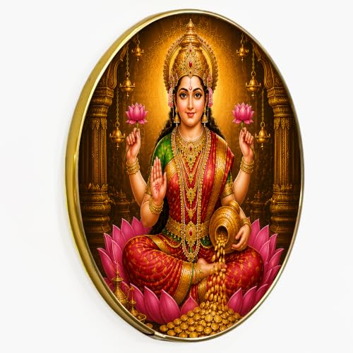 Image of PAINTINGMANTRA Goddess Lakshmi Framed Wall Art Painting For Living Room|Spiritual Maa Lakshmi Religious Poster with Round frame for Wall, Decoration item for Pooja Room, Home, 12 Inch