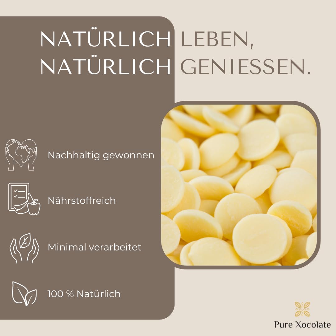 Pure Xocolate Premium Bio Kakaobutter Chips – Vegan, Glutenfrei & Zuckerfrei | Ideal für Schokolade selber machen, Backen & Kochen (500g)