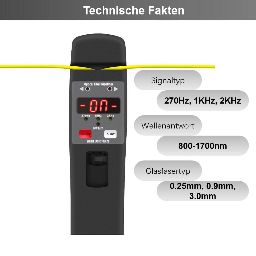 Optische Faser Identifier mit 10-15km Visuelle Fehlersuche für 0,25 mm 0,9 mm 3,0 mm Glasfaser, Live Fiber Optical Identifier optisches Kabeltester 800-1700nm Ein-Tasten-Bedienung (TMOFI-401)