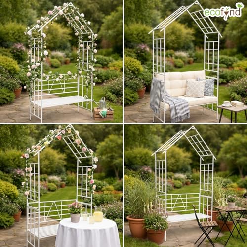 Image of ecofynd 8 Feet High x 3.7 Feet Wide 2-Seater Hut-Shaped Garden Bench, Metal Arbor Trellis for Climbing Plant with Outdoor Garden Chair, Backdrop Stand for Wedding Lawn Backyard Party Decor (GC002-WHT)