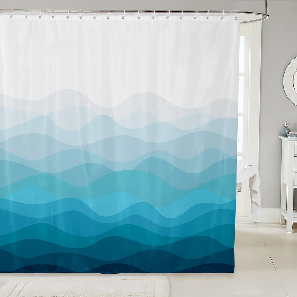 Rideau de douche polyester moderne rayures bleues blanches décoration géométrique salle de bain
