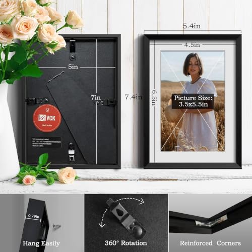 Image of VCK 5x7 Metal Black Picture Frames with Mat for 4x6 Photo or 5x7 without Mat, Aluminum Photo Frame with Tempered Real Glass, Tabletop or Wall Hanging