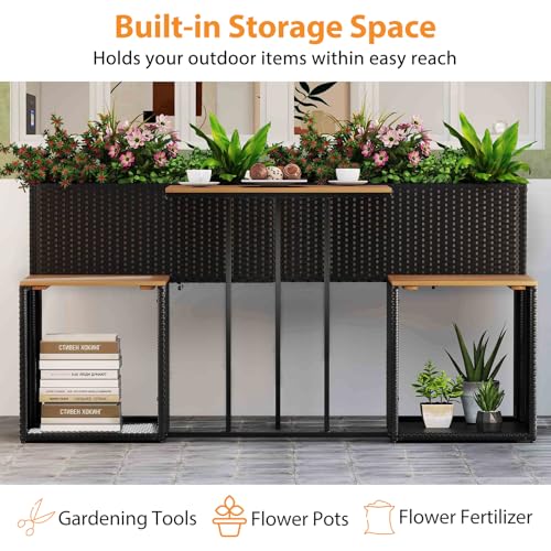 Tangkula Patio Furniture Set with Raised Garden Bed, PE Rattan Garden Planter Table with Built-in Chairs and Storage Space, Acacia Wood Outdoor Conversation Set with Sturdy Metal Frame - Image 7