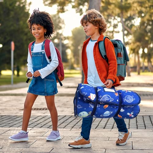 Image of Primlect Thickened Toddler Nap Mat with Removable Pillow and Minky Blanket, Extra Large 55''x35'' Sleeping Bag, Washable, Roll up, Perfect for Daycare, Preschool, Kindergarten, Boys and Girls (Space)