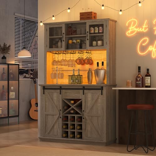 Farmhousecoffeebarcabinetwithstoragekitchenbarcabinetwithslidingbarndoorledlightspowerstripcoffeebarcabinettallhomebarfordiningroomgraywalnutcolor  Urban Country Home Decor Farmhouse coffee bar cabinet with storage kitchen bar cabinet with sliding barn door led lights power strip coffee bar cabinet tall home bar for dining room graywalnut color  urban country home decor