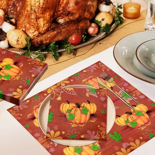 Image of 40 Pack Thanksgiving Day Paper Napkins - 13 x 13 Inches Disposable Pumpkin Serviettes Tableware Luncheon Cocktail Napkin Party Supplies for Autumn Fall-themed Harvest Feast Decorations