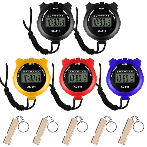 Lot de 5 chronomètres de sport numériques avec 5 sifflets, grand écran LCD, chronomètre numérique multi-fonctions, chronographe portable pour la natation, la course et l'entraînement sportif