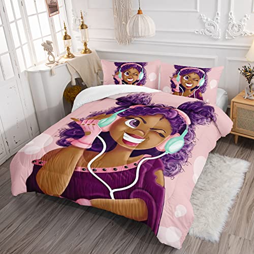 Hosima Black Girl Magic Comforter Set,African American Black Girl Comforter Sets,Love Music Purple Hair Girls Pattern Twin Bedding Set For Girls Bedroom Sets,Twin Bed Set For Girls With 2 Pillowcases. #TOP2
