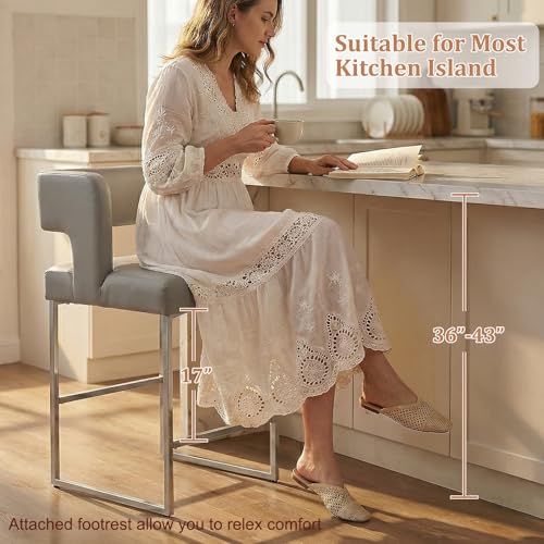 Image of 26 inch H PU Leather Bar Stools Set of 6, Counter Height Bar Seats with Square Back, Modern Upholstered Armless Barstools with Metal Silver Legs for Kitchen Island Dining Room Bar, Light Grey