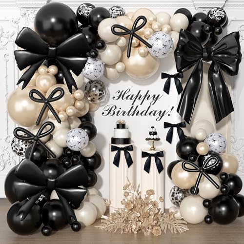 Image of 142Pcs Black Bow Balloon Garland Arch Kit - Coquette Birthday Decorations with Black and White Balloons, Bow Balloons and Satin Ribbon Bows for Birthday Wedding Baby Shower Bachelorette Party Decor