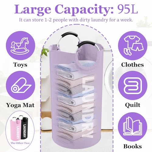 Image of 3Pack Folding Clothes Hamper with Handles, 95L Tall Laundry Basket Organizer, Durable Laundry Bags, Large Dirty Clothes Hamper for Family, Travelling, Camping, Purple + Pink + Black