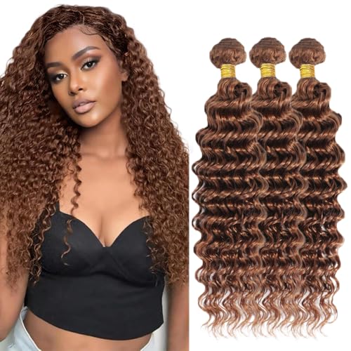 Color 30 Bundles Human Hair Deep Wave 3 Bundles 14 16 18 Inch Unprocessed Brazilian Virgin Remy Hair Brown Deep Wave Bundle Light Brown Human Hair Extensions