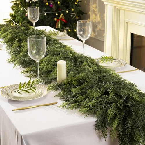 2 Pcs 9 Feet Christmas Cedar Garland - Thick & Lush Realistic Artificial Green Faux Cedar Pine Needles Garland for Christmas Winter Home Mantel Fireplace Holiday Party Decor