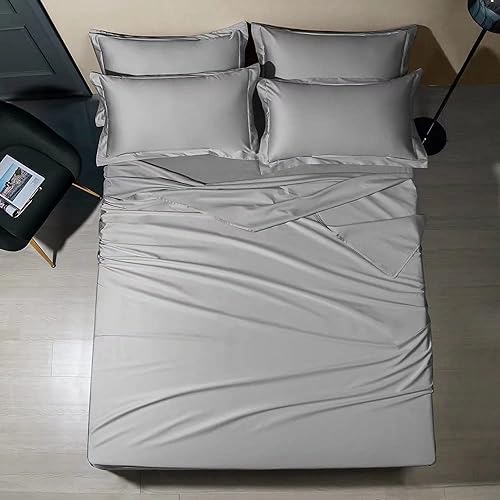 Shilucheng Bamboo 6-Piece Full Size Bed Sheets Set 1800 Thread Count 16 Inch Deep Pockets Cool Eco Friendly Soft and Comforterble(Full,Grey)