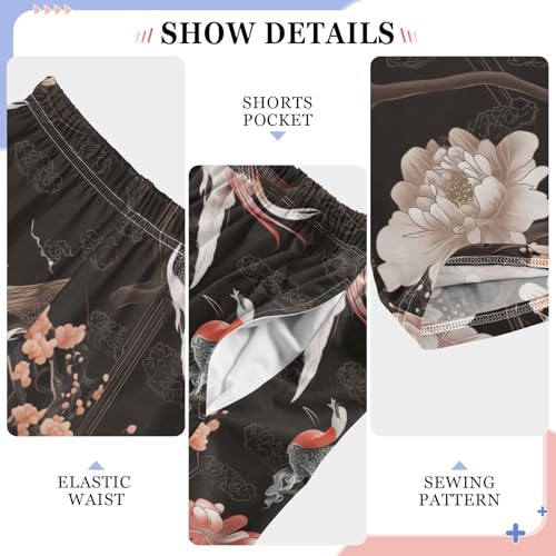 Peony Floral and Bird Boys Long Pants Soft Trousers Elastic Waist Kids Lounge Bottoms with Pockets S-XL4