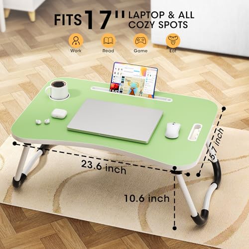Image of Folding Lap Desk, 23.6 Inch Wood Laptop Bed Desk with Cup Holder, Portable Bed Table for Working Writing Reading & Eating for Bed, Sofa, Couch, Floor - Green