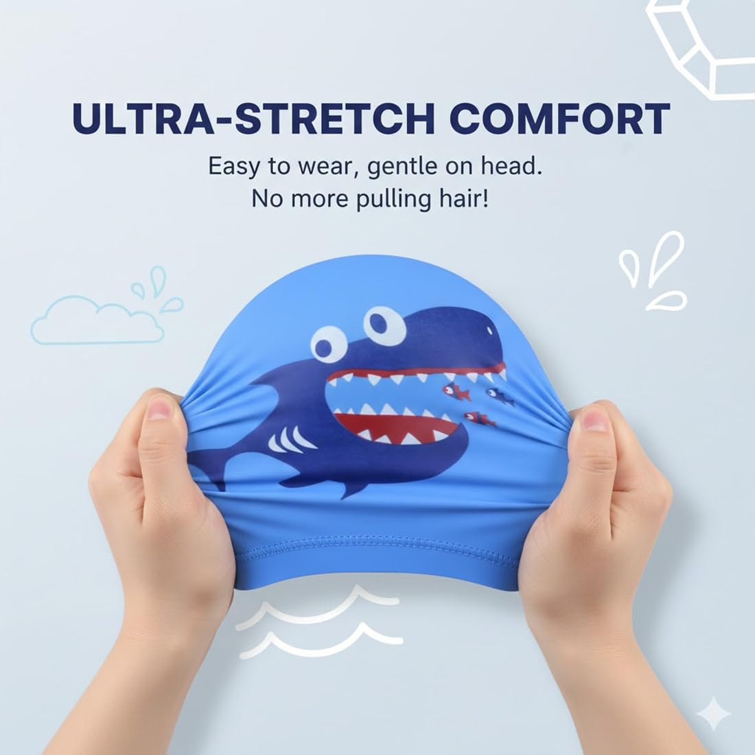 Gorro de Piscina para Niños 4-10 Años, Gorro de Natación Niño y Niña con Diseño de Tiburón Azul Claro, Ajuste Cómodo y Resistente al Agua para Entrenamiento y Competición