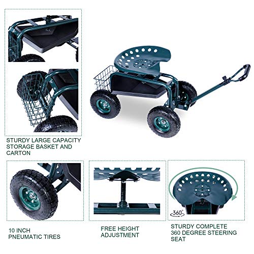 KARMAS PRODUCT Steerable Garden Stool Cart with Tool Tray and Storage Basket on Wheels Rolling Work Seat Heavy Duty Scooter with Extendable Steer Handle Green