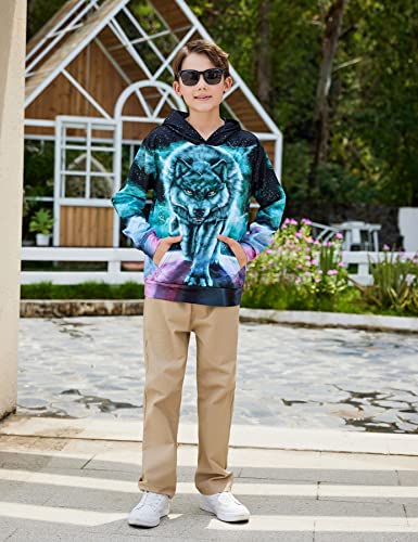Wolf Hoodies For Boys Novelty Blue Nebula Pullover Sweater Size 8 9 10 11 12 Kids Fun Soft Lightweight School Hoodys Sweatshirts Big Girls Black Galaxy Animal Graphics Tops Comfy Jersey Coat #TOP4