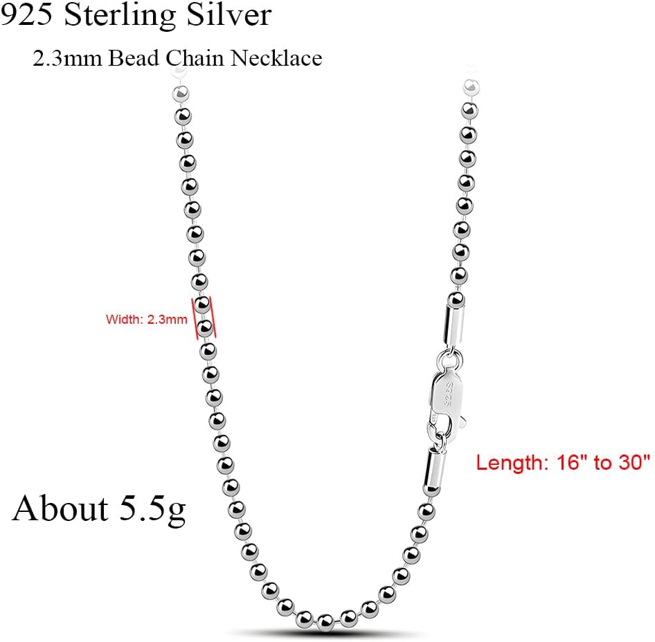 Solid 925 Sterling Silver 2.3mm Beaded Chain Link Necklace for Women, 16" to 30" Length with Lobster Clasp - Image 8