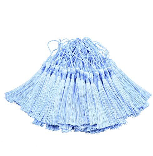 100pcs 13cm / 5 Pulgadas Silky Floss Marcador Borlas con 2-Pulgadas Cord Loop y Pequeño Nudo Chino para la Fabricación de Joyas, Recuerdo, Marcadores, Accesorio de Arte DIY (Azul Cielo) Cover