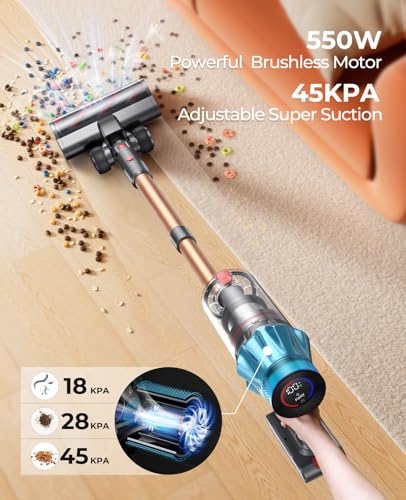 550W Cordless 6-in-1 Vacuum Cleaner with 60 Min Runtime and Self-Standing Design for Carpets, Hard Floors, and Pet Hair