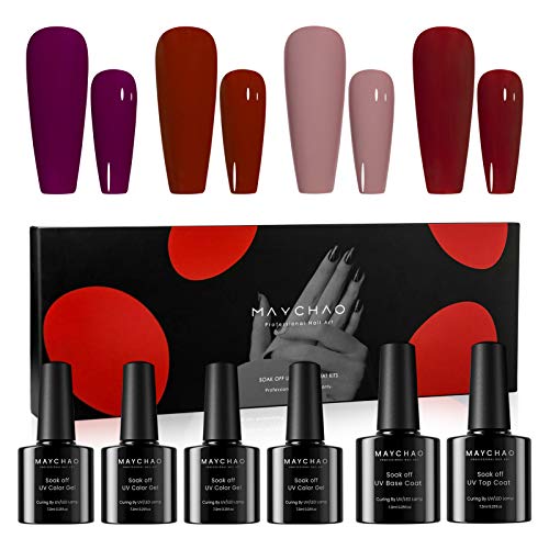 MAYCHAO Matte Gel Nail Polish 4 Colors Gel Nail Polish Set, Soak Off Base Coat Top Coat 6 Bottle Gel Polish Set, 7.3ml Each Bottle (MCA041)