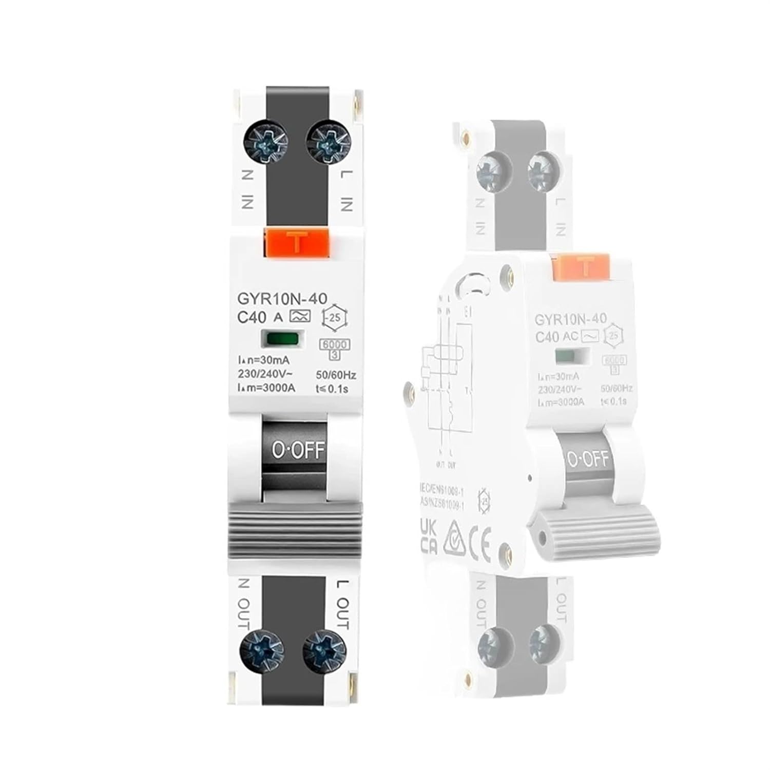 GYR10N-40 Electronic Type RCBO 18mm 230V 1P+N 6KA Residual Current Circuit Breaker with Over Current Potection Max 40A 1Pcs(Type AC,16A 30mA)