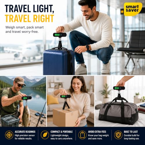 Image of Smart Saver Weight Machine for Luggage - 50 kg capacity, Black Steel body, 1 Year replacement - Digital Portable Electronic Luggage Weighing Scale for home, travel, flights, bags (Upto 50 kg)