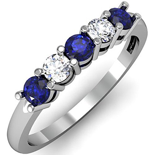 Dazzlingrock Collection Round Blue Sapphire and White Diamond Womens 5 Stone Bridal Wedding Band Anniversary Ring, 10K Solid White Gold