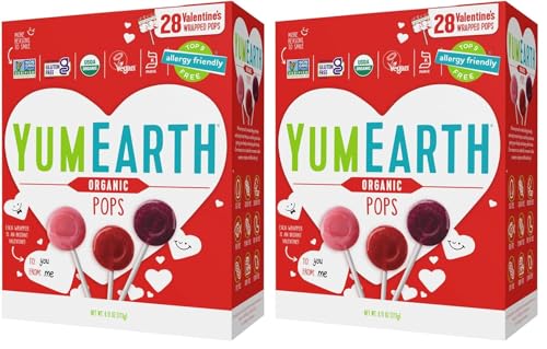 Image of YumEarth Organic Valentines Candy Lollipops Variety - 28 Count Box - Allergy Friendly (Top 9 Free), No Artificial Dyes, Non GMO, Gluten Free, Vegan Candy Snacks (28 Count (Pack of 2), Lollipops)