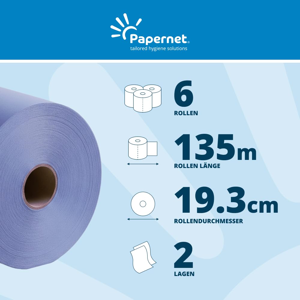 Papernet - Blaue Papierhandtuchrolle mit Zentralentnahme 412056, Packung mit 6 Rollen je 135 m, 450 Blattanzahl von 20x30 cm, 2 Lagen, Made in Germany