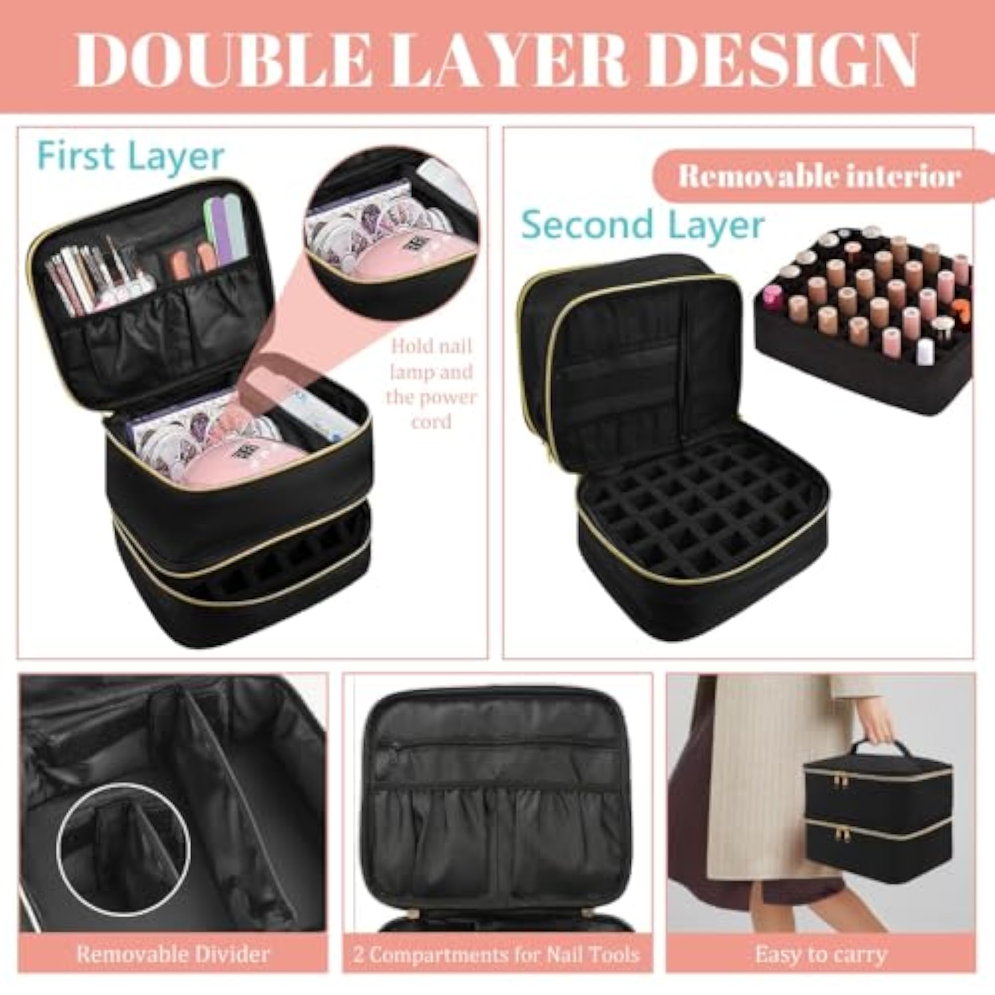 Black Cosmetic Storage Bag, Bilayer Design