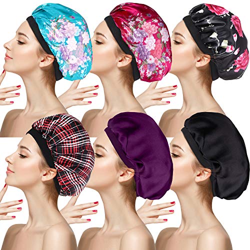 6 Pieces Satin Bonnet Sleeping Cap Soft Night Sleep Bonnet Head Hat Covers with 6 Styles for Women and Girls (Black, Rose Red, Blue, Purple, Red and Black)