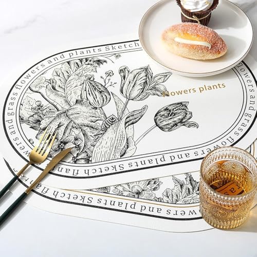 Image of Yelona White Oval Leather Placemats | Elegant Floral Design, Waterproof Stain Resistant | Easy Clean Faux Leather Table Mats (Graceful Blooms, Pack of 6)