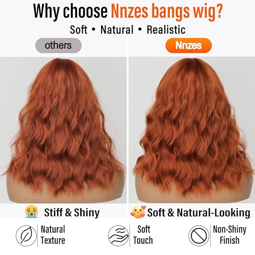 Image of Nnzes Short Orange red Wavy Wig with Bangs for Women Shoulder Length Bob Curly Women's Charming Synthetic Wigs with Natural Wavy Wig Heat Resistant Hair for Daily Party Use