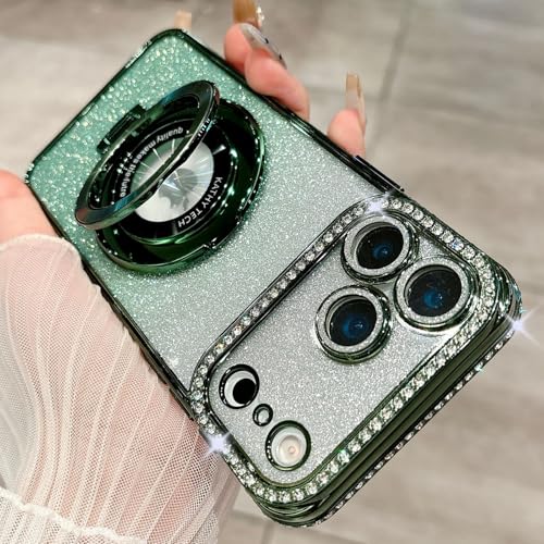 Coque iPhone 12 Pro vert foncé en silicone rigide pailleté avec anneau