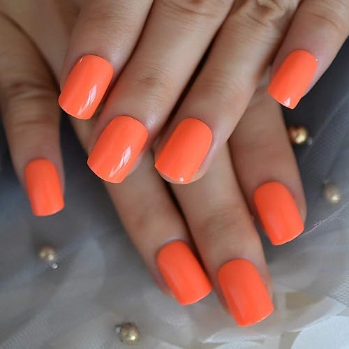 Coolnail - Uñas postizas de color naranja brillante, cobertura total, cortas, UV, brillantes, tips de uñas para usar a diario