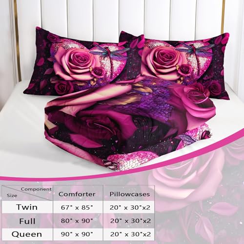 Image of AILONEN Soft Twin Comforter Set, 3-Piece Pink Rose Dragonfly Print Bedding Set,Purple Glitter Heart Flower Comforter with 2 Pillowcases