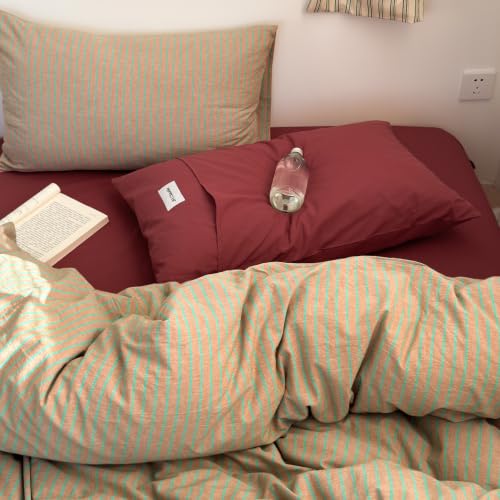 Image of Striped Duvet Cover Set Washed Cotton,Queen(90 inchx90 inch),Pinstripes Terracotta