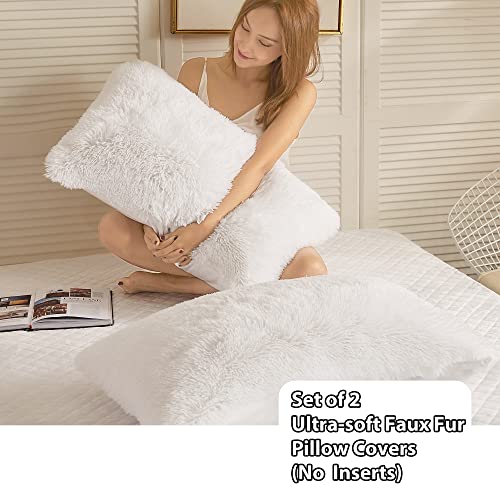 Liferevo 2 Pack Faux Fur Pillow Shams,Shaggy Plush Home Decorative Luxury Series Super Soft Furry Pillow Case With Zipper Closure For Home Sofa Couch Decoration,Standard Queen(White,20"X26") #TOP1