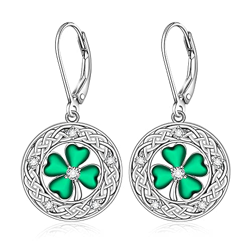 Celtic Knot Shamrock Earrings For Women Girls Heart Irish Leverback Drop Four Leaf Clover St Patricks Day Earrings Sterling Silver Circle Green Crystal Dangle Prom Valentines Day Gift #TOP13